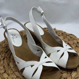 A2 Aerosols  White Slingback Sandals with Basket Weaved Wedge